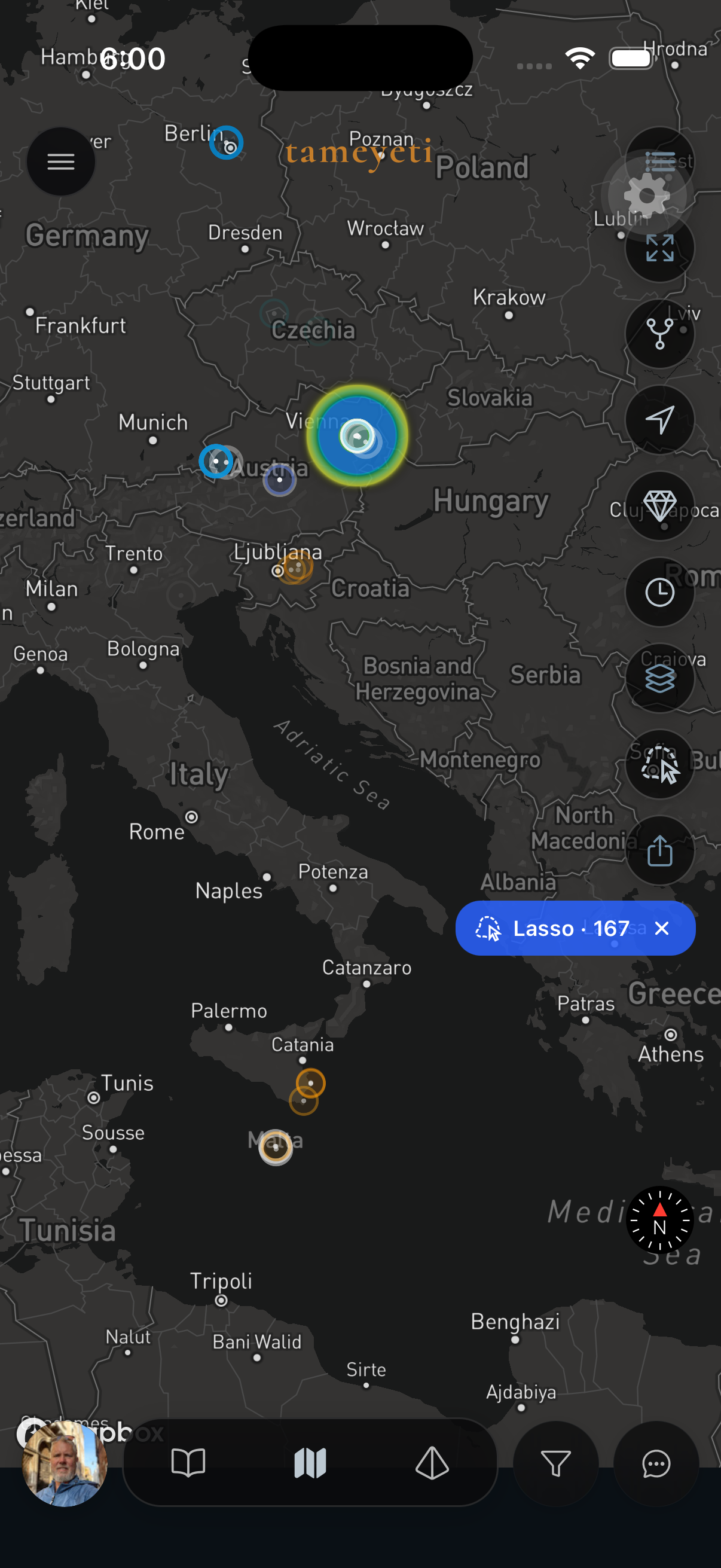 tameyeti's Atlas, showing the lasso tool selecting 167 entries across a region of Central and Southern Europe.