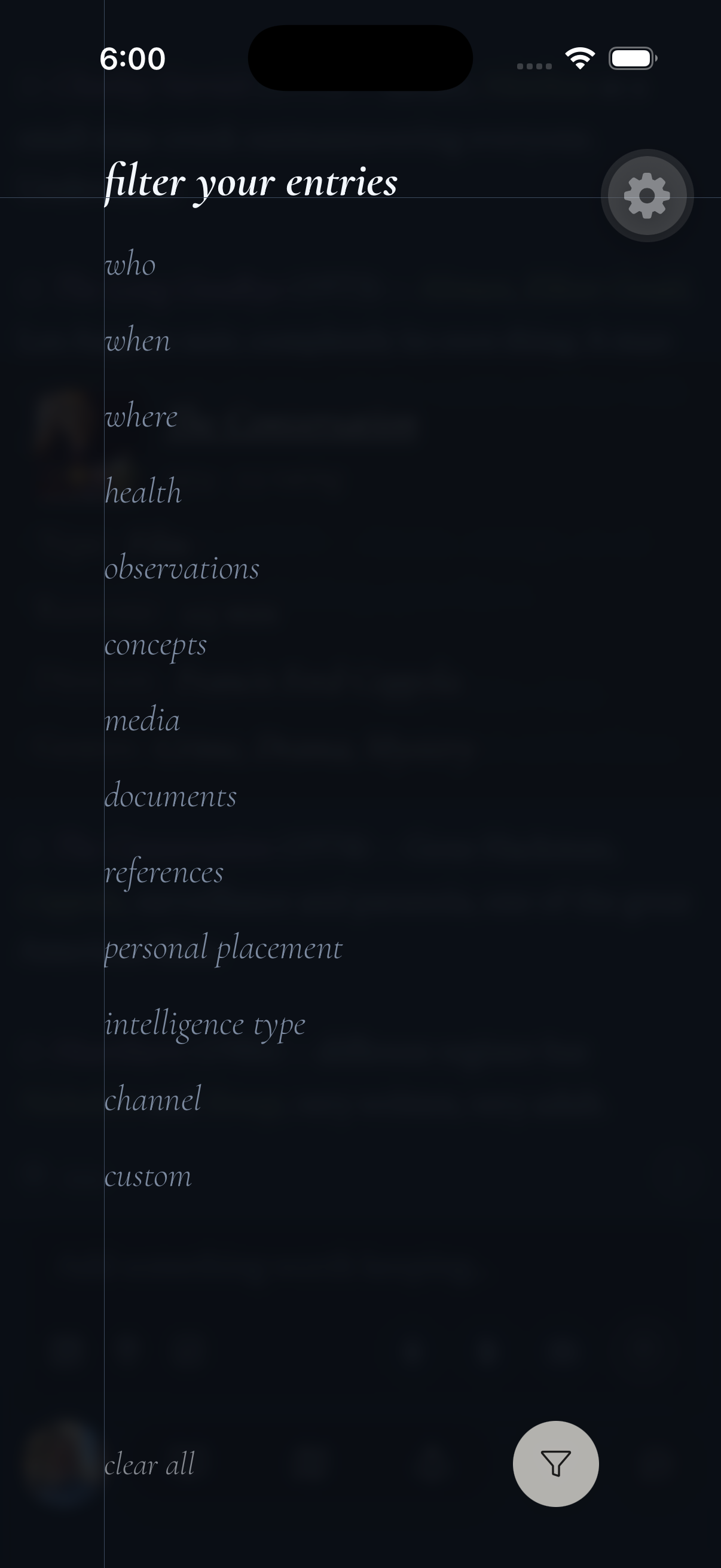 tameyeti's filter panel, listing every category you can filter your entries by: who, when, where, health, observations, concepts, media, documents, references, personal placement, intelligence type, channel, custom.