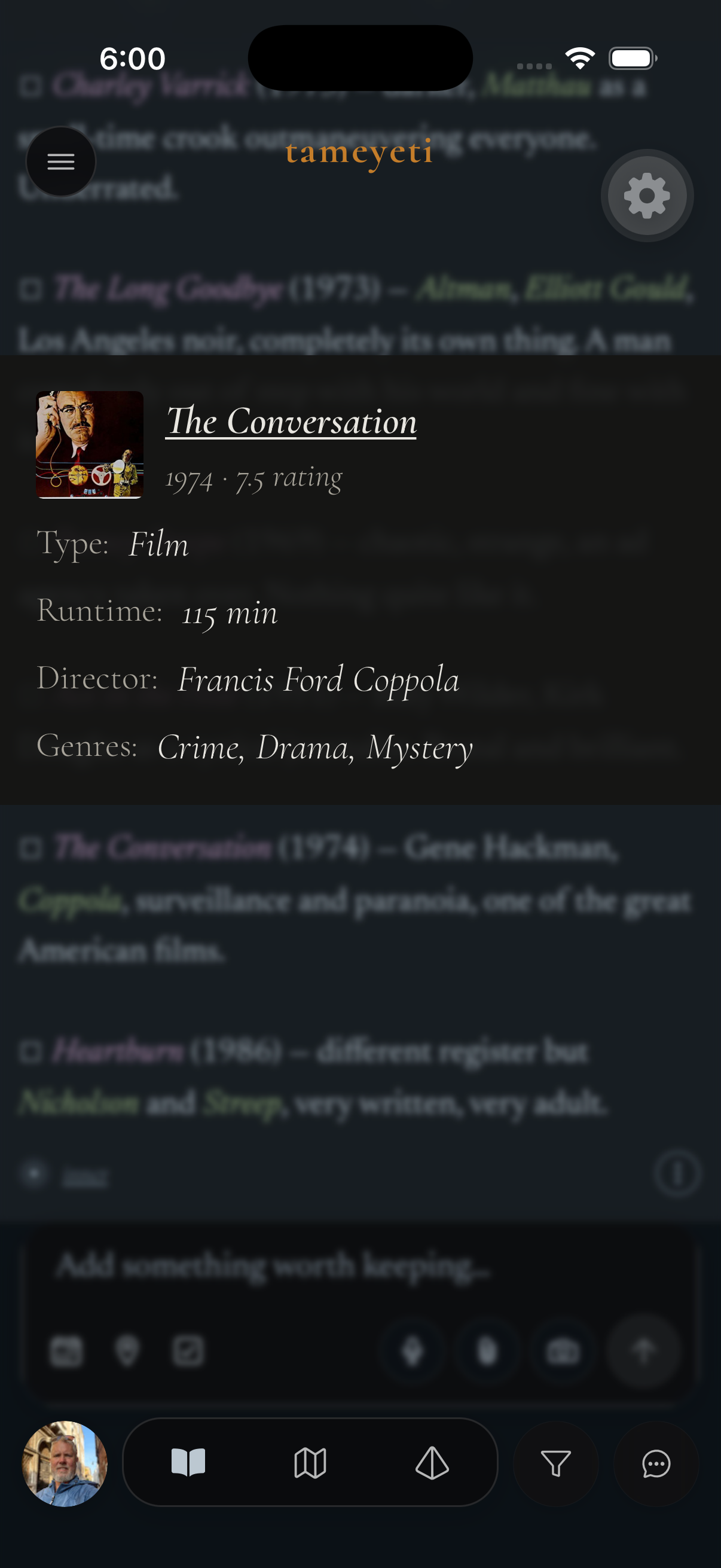 tameyeti's media detail view for The Conversation (1974), showing director Francis Ford Coppola, runtime, and genres pulled automatically from TMDB.